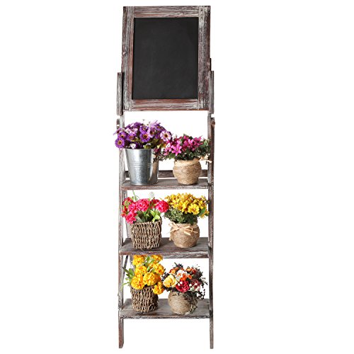 MyGift Decorative Torched Wood Easel Style Chalkboard Stand with 3 Tier Display Shelves