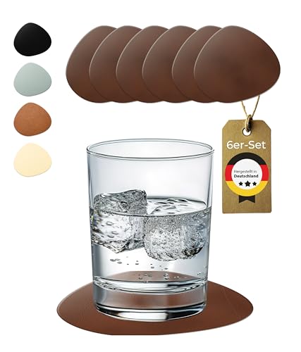 Lederfabrik Garnier® Untersetzer Gläser modern 6er-Set - rutschfest & Abwaschbar - Perfekter Tischschutz - Glasuntersetzer Leder Braun - Made in DE
