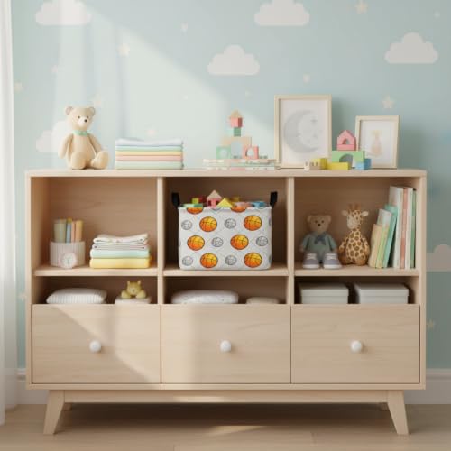 Image of Kid Cute Nursery Storage Basket Baby Toy Clothes Storage Bin Playroom Bedroom Decor Gift Basket (Basketball)