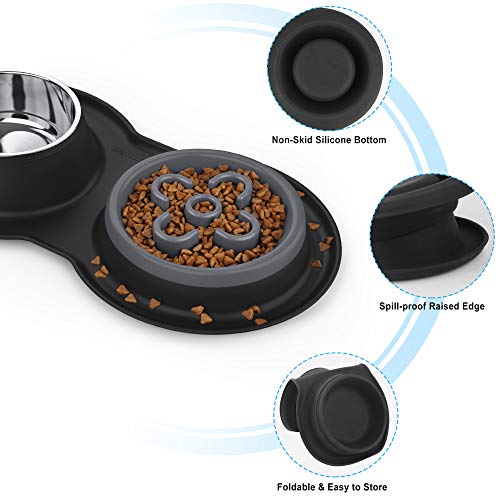 BurgeonNest Slow Feeder Dog Bowls, Stainless Steel 4-in-1 Food and Water Bowls with No-Spill Non-Skid Silicone Mat Eco-Friendly Slow Down Eating Puzzle Bowl for Small Medium Sized Dogs Cats