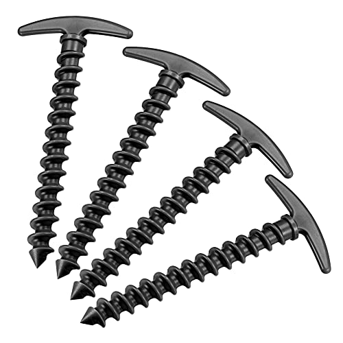 MECCANIXITY Tent Stakes T Shape Spiral Plastic Ground Pegs 14.5cm/5.7 Inch for Outdoor Camping Canopy Tarp, Black Pack of 4