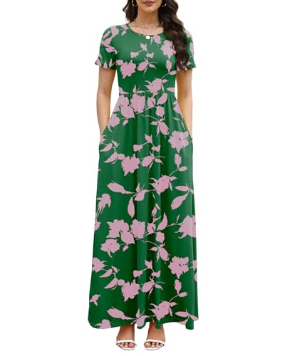 Image of COSSEN Women's Crew Neck Short Sleeve Maxi Dress with Pockets Casual Loose Swing for Wedding Guest Beach Vacation