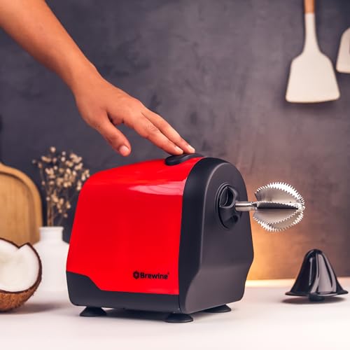 Image of Brewine 2-in-1 Coconut Scraper & Citrus Juicer with Dual Speed Settings, Cooling Fan for Ventilation, Stainless Steel Scraping Blade, Splash Guard, Super Suction Feet for Stability, Red, 200 Watts