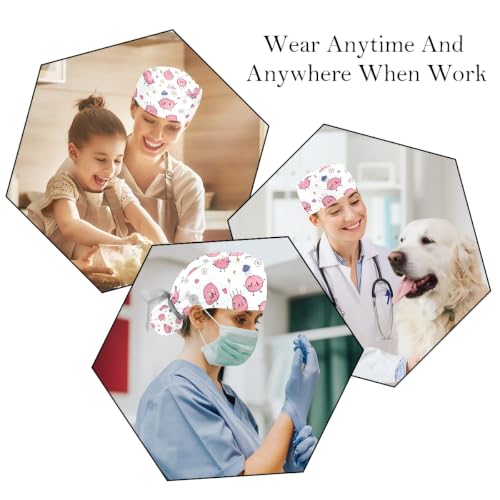 Image of 2 PCS Bouffant Cap with Button Ponytail Pouch Working Cap Sweatband Adjustable Surgical Cap Black and White Cow