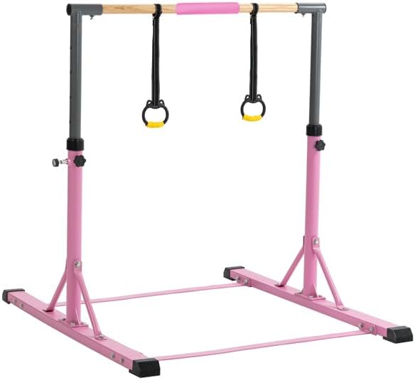 Gymnastics Training Bar with Handgrips, 5FT/6FT Adjustable Height Gym Equipment, Pink Gymnastics Kip Bar for Kids and Teenager Ages 3-15, Gymnastic Horizontal Bar for Gymnast