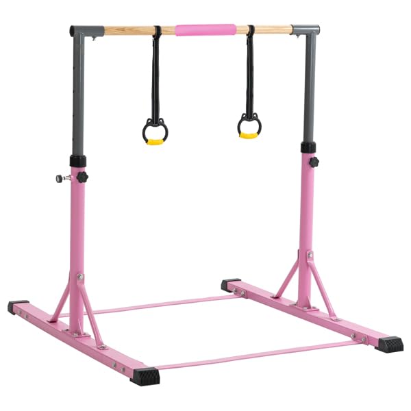 BGTR Gymnastics Training Bar with Handgrips, 5FT/6FT Adjustable Height Gym Equipment, Pink Gymnastics Kip Bar for Kids and Teenager Ages 3-15, Gymnastic Horizontal Bar for Gymnast