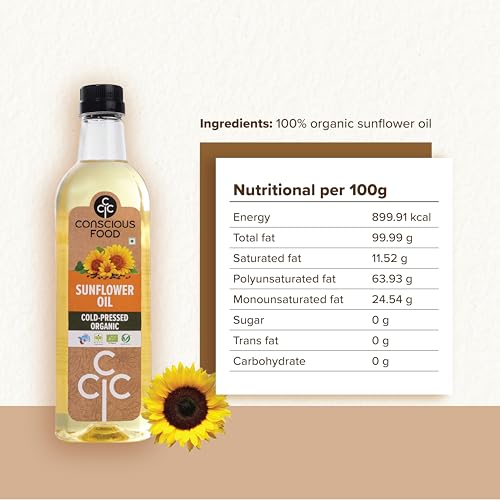 Image of Conscious Food Cold Pressed Sunflower oil in Pet bottle | High in Antioxidants, Delicious & Healthy | Sunflower Cooking Oil - 500ml
