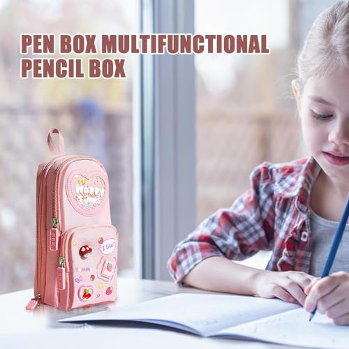 Image of Canvas Kawaii Pencil Case 3 Compartment Cute Aesthetic Pencil Case for Girls Large Capacity Pen Pencil Pouch Multifunctional Stationery Organizer for School Office (Happy Time Pink)