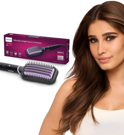 Philips India's No.1 Hair Styling Brand -Hair Straightener Brush, Naturally Straight in 5 Mins,5X Less Frizz,SilkProtect Keratin Tech,Triple Bristle Fast 50s Heatup,Scalp Protect,For Indian Hair,BHH880