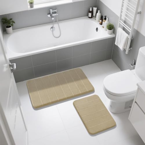 Image of Yimobra Memory Foam Bathroom Rugs Sets 2 Piece - Super Soft Absorbent Quick Dry Bath Mat Set, Machine Washable Non Slip Floor Carpet for Tub Shower & Single Sink (17x24 & 31.5x20 Inch, Pale Khaki)