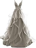 HUINI Ballkleider Lang Elegent Abendkleid Hochzeitskleider Standesamt Damen Tüll Abschlussballkleid Prinzessin Rückenfrei Silber 34