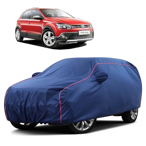 Image of Sulfar 100% Water Resistant Car Body Cover Compatible with Mirror for Volkswagen Polo Cross (Triple Stitched, Full Bottom Elastic, Blue Taffeta with Red Piping)
