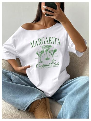 Women's Oversized Off Shoulder Graphic Letter Print Tees Short Sleeve Summer T Shirts3