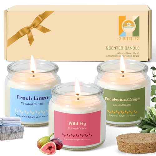 Scented Candle Gift Set, Wild Fig, Fresh Linen, Eucalyptus & Sage, Soy Wax Candles for Aromatherapy & Home Fragrance, for Mother's Day Women Gifts