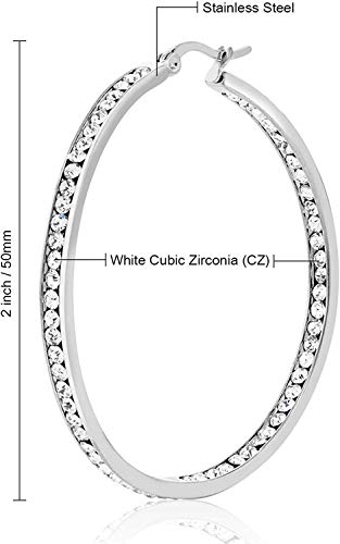 Women's Stainless Steel 2 Inch Inside-Out Crystal Cz Large Big Hoop Earrings Rhinestone Silver Tone Pierced Ladies Cubic Zirconia Hoop Earrings Hypoallergenic For Sensitive Ears #TOP2