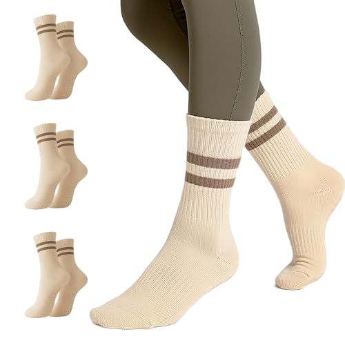 LOOMPOP 3 Pairs Cushioned Pilates Yoga Socks Women Beige