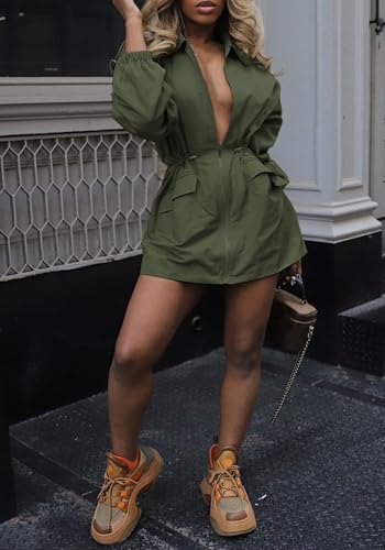 Unybwonn Women Long Sleeve Fall Casual Mini Dresses V Neck Zipper Cargo Safari Short Dress Drawstring Waist Dresses3