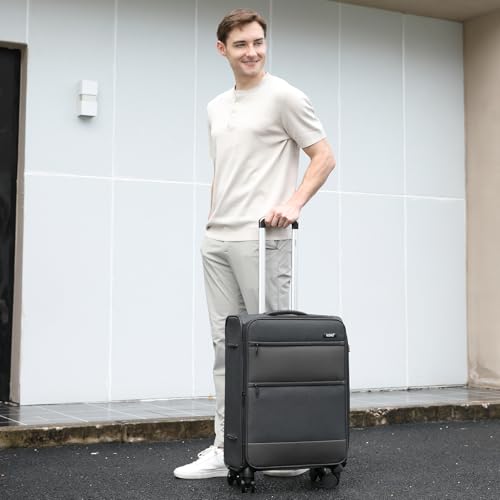 Image of Kono Medium Checked Luggage Softshell Suitcase with Spinner Wheels, 24in | Expandable Lightweight Rolling Travel Suitcase with TSA Lock, Spinner Wheels, Durable Zipper, Black