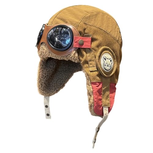 Hrlace Fliegermütze mit Brille Unisex Wintermütze mit-Ohrenschützern Herbst Winter Warme Mütze Niedlich Flieger-Mütze Outdoor Pilotenmütze für Kinder Frauen und Männer Karamell Erwachsene: 56-58 cm