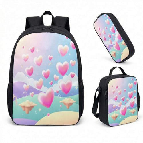 Mochila com balão de coração rosa, 43 cm, conjunto de 3 peças, bolsa de viagem versátil e listrada pastel, 08, Large, Mochila estampada