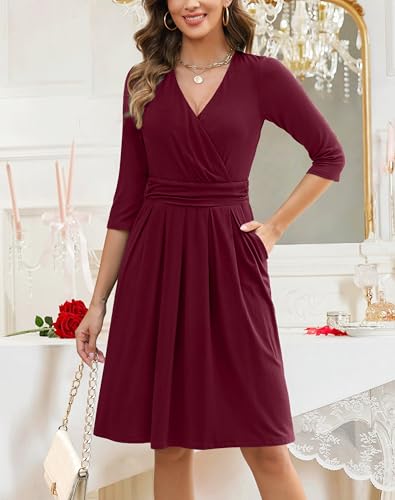 Zattcas Womens 2025 Wrap V Neck 3/4 Sleeve Cocktail Dress Pleated A Line Fit and Flare Wedding Guest Dress with Pockets3
