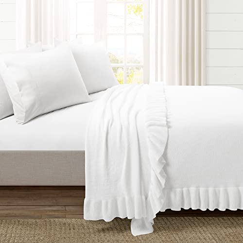 Image of Lush Decor Reyna Soft Knitted Ruffle Throw Blanket, 104 inch W x 88 inch L, White - Classic Ruffled Bedding - Knit Blanket - Cozy Oversized Blanket For Bed or Couch - Vintage, Minimalist & Cottage Home Decor