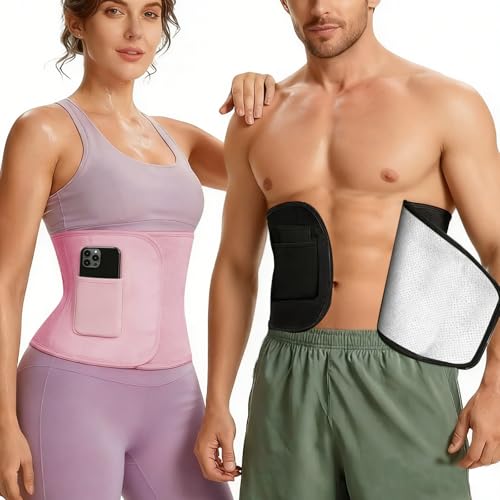 K-Gor 2 Pcs Waist Trainer for Women/Men,Sweat Belt with Phone Pocket,Tummy Control & Butt Lift,Body Shaping Waist Wrap,Adjustable Sweat Band for Lower Belly Support (Black & Pink)