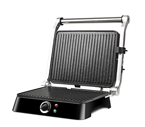 Girmi BS44 Bistecchiera elettrica effetto Petravera, Corpo Inox, Apertura a libro 180°, Cassetto raccolta liquidi, RegolaPiastre 29 X 23 cm - Immagine 1