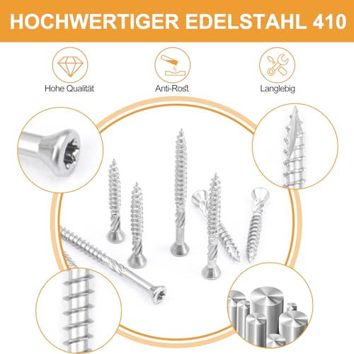 VIGRUE Terrassenschrauben 5x60 300 Stück Dielenschrauben Set 5x40mm, 5x50mm, 5x60mm, 5x70mm, Edelstahl Gehärtet C1 Schrauben, Torx 25, inkl. Edelstahl Bit