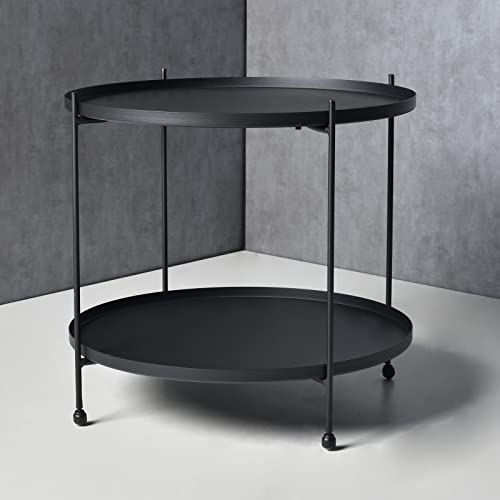 Lisuden Modern Metal End Table, 23.6 Inch Round Side Table Indoor/Outdoor, Living Room Small Coffee Table, Industrial Night Stand With 2-Tier Storage Shelf (Black) #TOP3