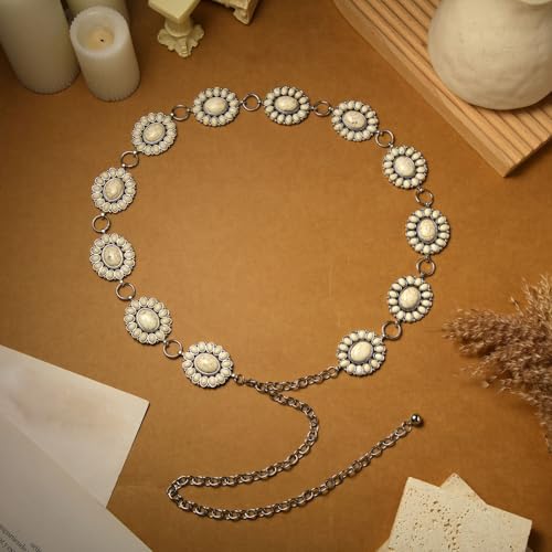 Tarpop Western Metal Concho Belt for Women Turquoise Concho Belts Oval Round Flower Adjustable Chain for Women Dresses Jeans4