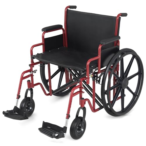 Magshion 24-Inch Wide Folding Heavy Duty All-Terrain Self-Propelled Wheelchair with Adjustable Leg Rest for Adults, Red Steel Frame, 500 lbs Weight Capacity