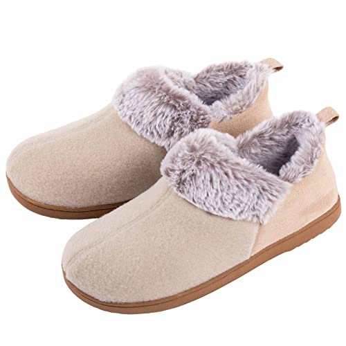 ULTRAIDEAS Women's Cozy Memory Foam Slippers with Warm Plush Faux Fur Lining, Wool-Like Blend Micro Suede House Shoes with Indoor Outdoor Rubber Sole (Beige, Size 7 US)