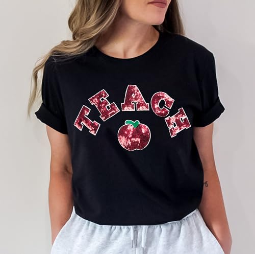 Teacher Shirt for Women Sequin Teach Apple T Shirt Back to School Shirt Kindness Tee Teaching Life Tops3