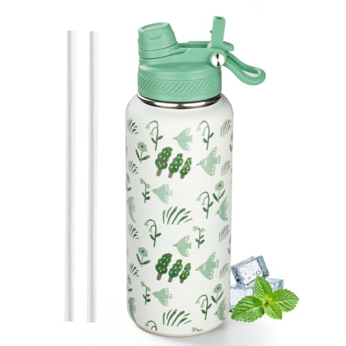 Image of 32 oz Insulated Water Bottle with Leak-proof 2-in-1 Straw and Spout Lid,Stainless Steel Sports Water Bottle with Handle,Double Wall Vacuum Metal Water Flask for Travel Camping School(Bird Tree,1)