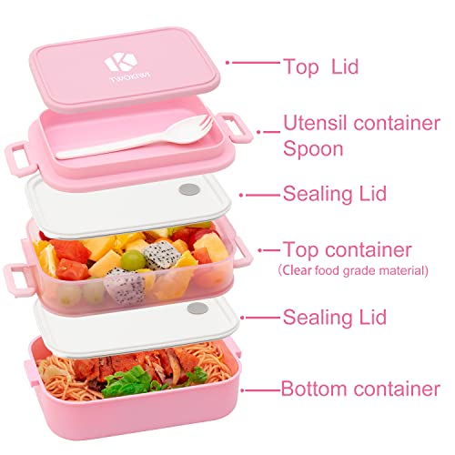 Twokiwi Bento Lunch Box Container - Clear Food Grade Material - 2 Stackable Containers, Bento Lunch Box For Adults, Built-In Utensil, Microwave, Dishwasher & Freezer Safe #TOP1