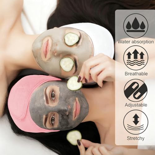 Image of Whaline 3Pcs Spa Facial Headbands Make Up Wrap Head Terry Cloth Headband Soft Adjustable Towel Band for Face Washing Shower Facial Cover Yoga (White, Light Pink, Light Purple)