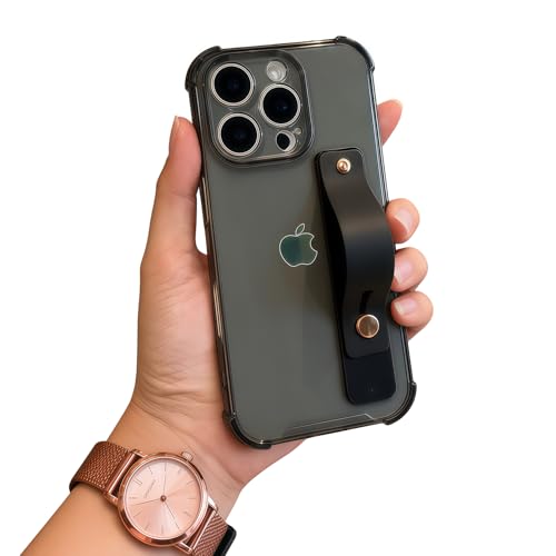 Coque transparente iPhone 14 Pro avec sangle de préhension premium noire