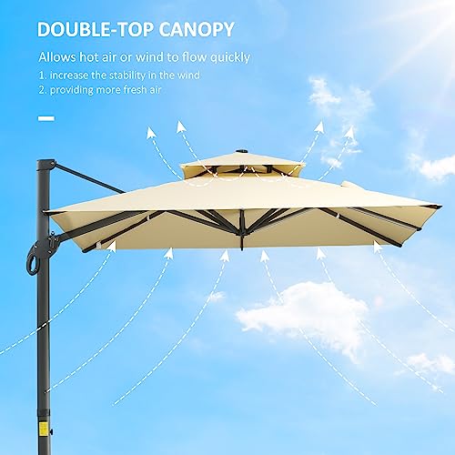 Outsunny 10Ft Cantilever Patio Umbrella With Base, Hanging Aluminum Offset Umbrella With 360° Rotation, Easy Tilt, 8 Ribs, Crank, Cross Base Included For Backyard, Poolside, Lawn, Garden, Beige #TOP5