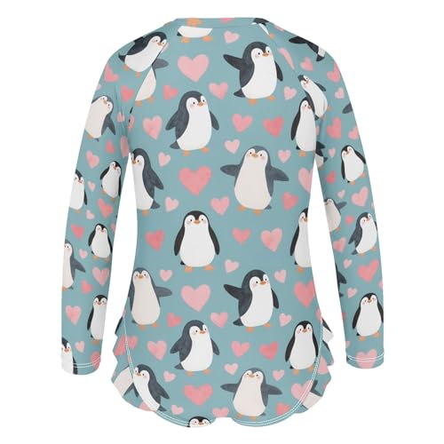 Cartoon Penguins and Love Pattern Girls Long Sleeve Swimsuit Rash Guard One Piece Bathing Suits Zipper 3-12T3