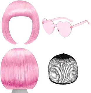 SKHAOVS Pink Wig and Party Sunglasses Pink Wig with Bangs Pink Bob Wig with Fringe, Wigs for Women, Pink Wigs for Bachelorette Neon Party Favors, Halloween Decorations (Pink)