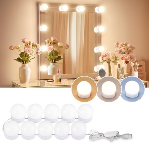 Consciot Hollywood Style Vanity Mirror Lights Kit with 10 LED Bulbs, Dimmable Adjustable Brightness, USB Lighting Fixture Strip for Makeup Table Set in Dressing Room (White)