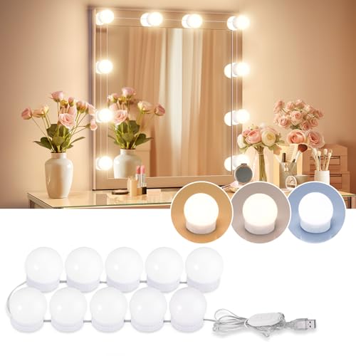 Consciot Hollywood zestaw lamp lustrzanych z 10 żarówkami LED, regulowana jasność, taśma mocująca USB do stołu do makijażu w szatni