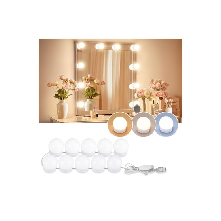 LED Vanity Lights For Mirror, Consciot Hollywood Style With 10 Dimmable Bulbs, Adjustable Color & Brightness, USB Cable, Stick on for Makeup Table Dressing Room Mirror