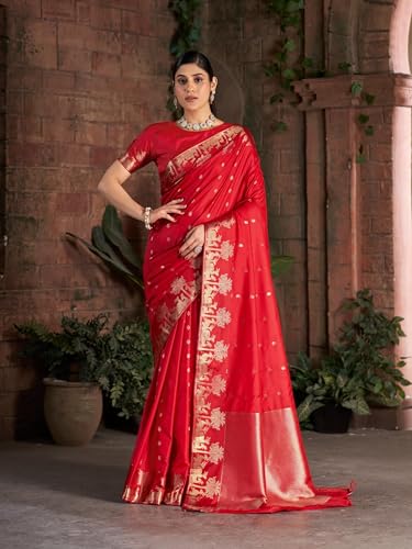 Image of MADHUHANSH Women's Cotton Silk Saree with Unstitched Blouse Piece Zari Weave and Floral Pattern | Heavy Embroidery Saree for Women | Interview Saree for Women | Readymade Blouse with Saree Set