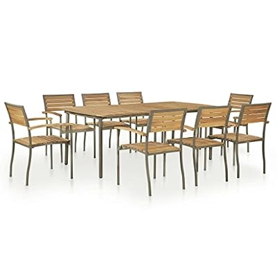 GHVBNMF 9-Piece Outdoor Dining Set with Rectangular Acacia Wood Table and 8 Stacking Chairs, Modern Industrial Patio Furniture for Garden and Terrace, Natural Brown and Grey