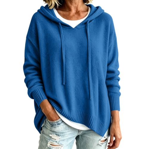 MaMiDay Women's Oversized Hooded Sweater Casual Pullover Drop Shoulder Blue - image 4