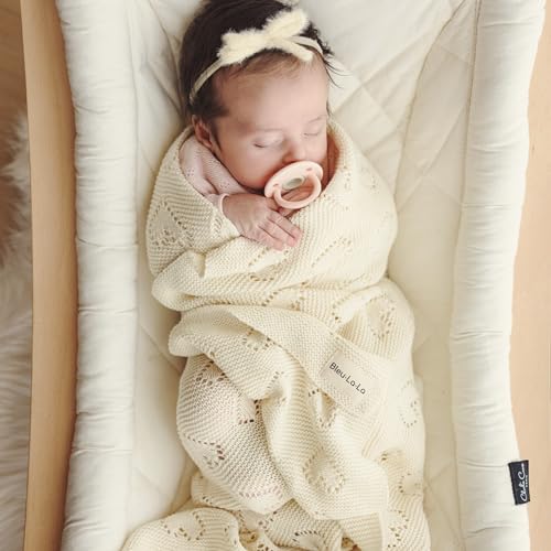 Image of Heirloom Knit Heart Receiving Unisex Blanket for Boys and Girls - 100% Luxury Cotton Baby Blanket - Soft Warm Swaddle Receiving Blanket for Newborns Infants & Toddlers (Ivory)