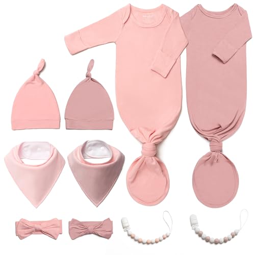 Image of 2PK Ultra Soft Knotted Newborn Sleep Gown for Baby Girls Boy- Coming Home Hospital Outfit with Hat, Bow, Clip & Drool Bib Set