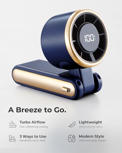 Image of Portable Handheld Turbo Fan - 5 Gear High Speed 4000mAh Rechargeable Mini Personal Hand Fan Blow Cold Air, Battery Operated Travel Essentials, Beach Vacation, Gifts for Women, Men (Navy Blue)